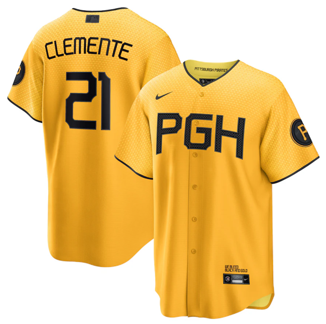 Men's Pittsburgh Pirates #21 Roberto Clemente Gold 2023 City Connect Stitched Jersey